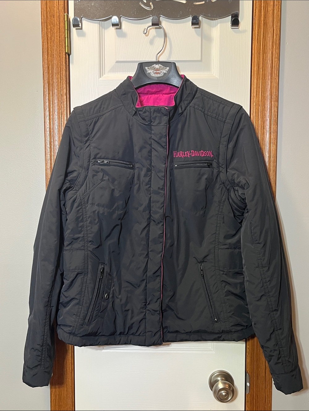 HARLEY DAVIDSON Black & Pink Reversible Med Weight Coat &/or Vest Women’s Large - Picture 2 of 16